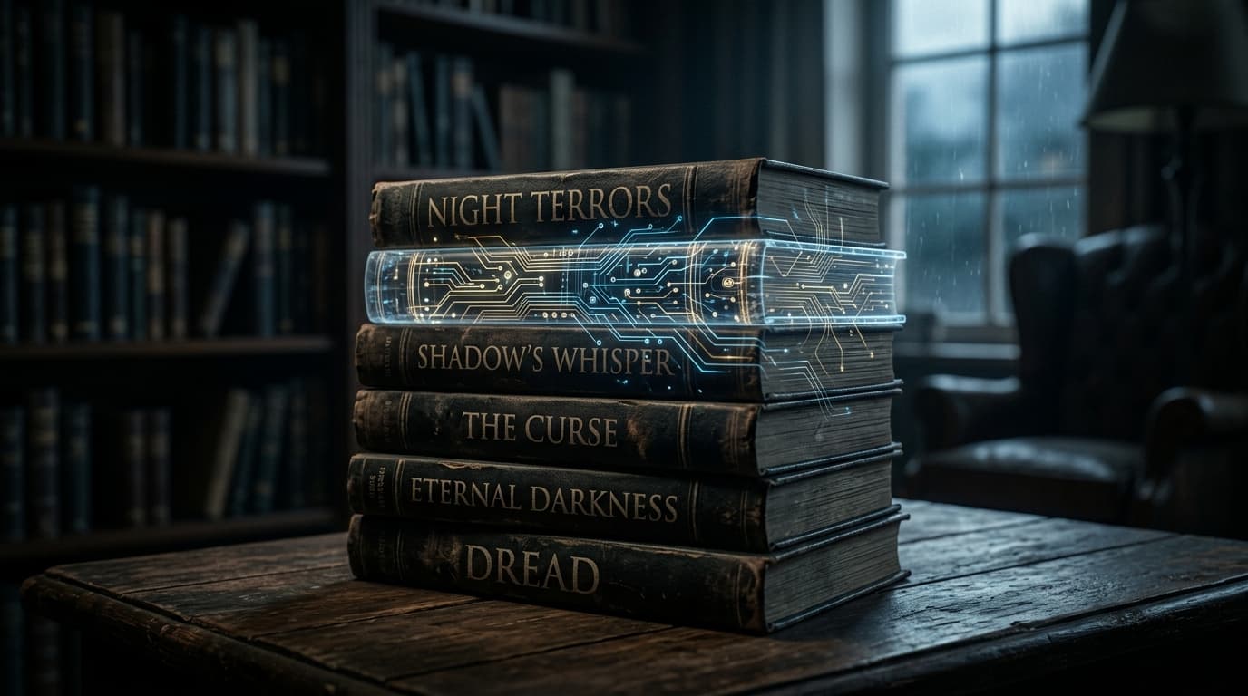A stack of horror novels with eerie shadows, one book is slightly transparent with a digital circuit