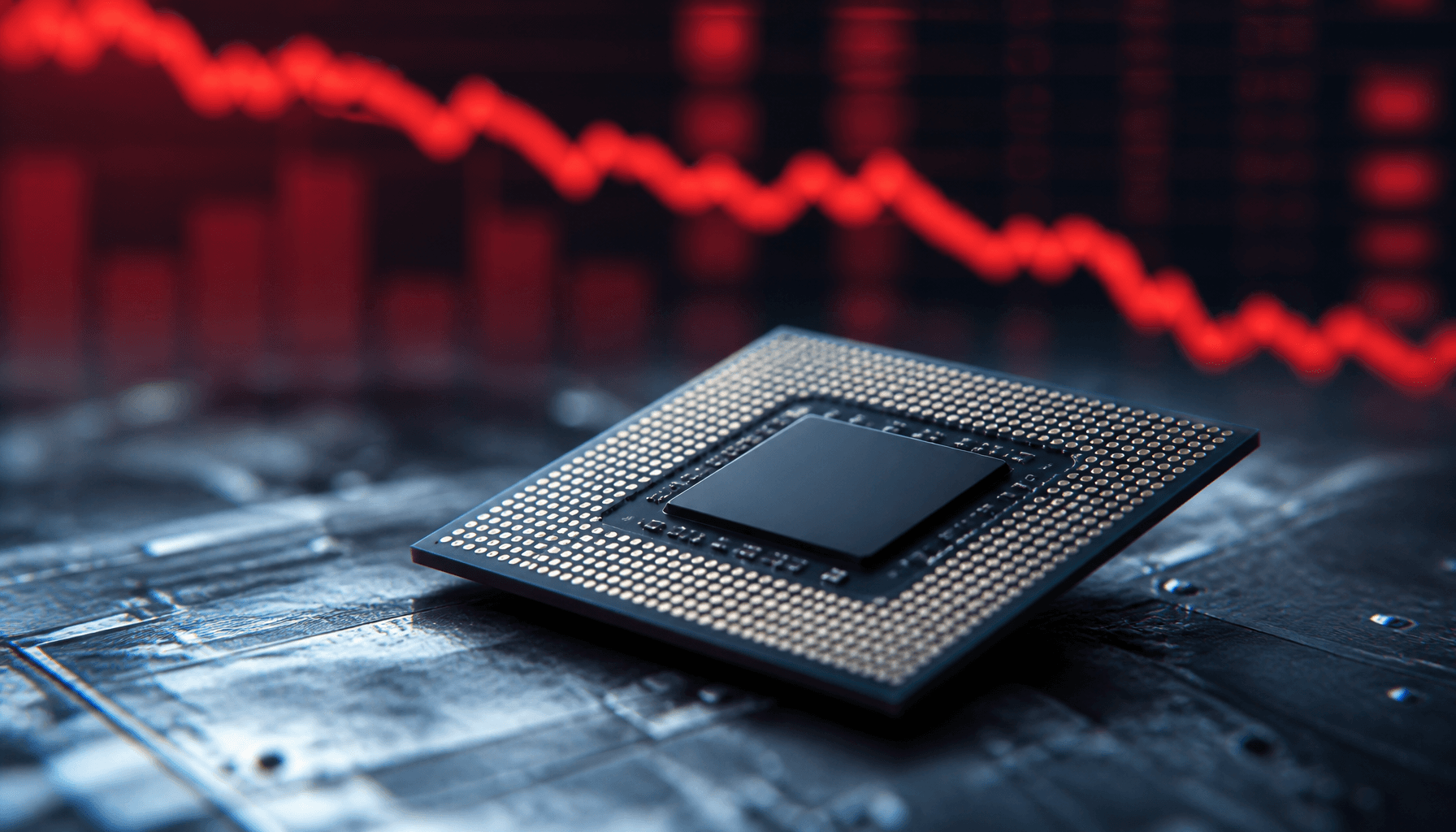 A close-up of a high-tech smartphone processor chip lying on a cold, metallic surface, with a blurre