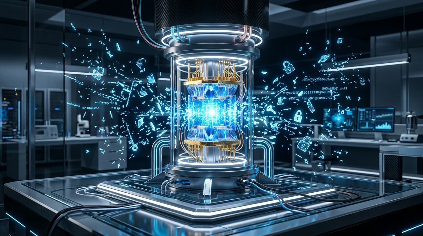 A conceptual, sci-fi style image of a glowing quantum processor unit surrounded by ethereal blue dat