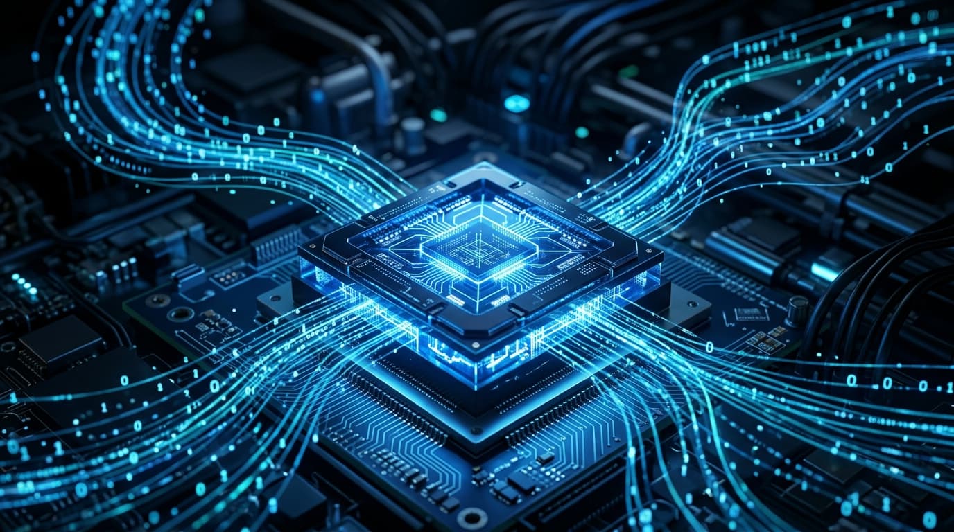A futuristic representation of a quantum processing chip glowing with blue light, with abstract digi