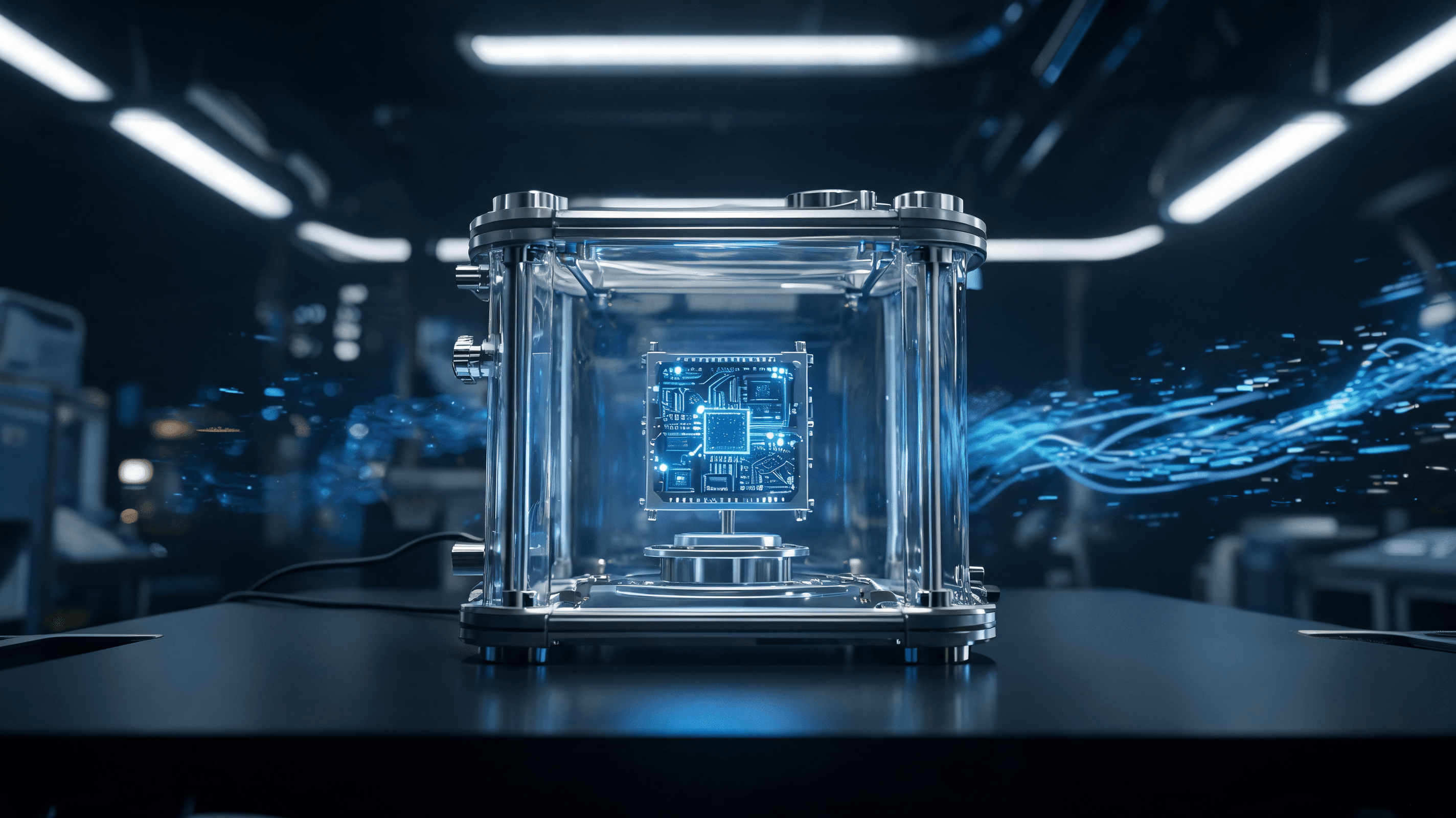 A sophisticated, glowing quantum processor chip sitting inside a sleek, metallic vacuum chamber with