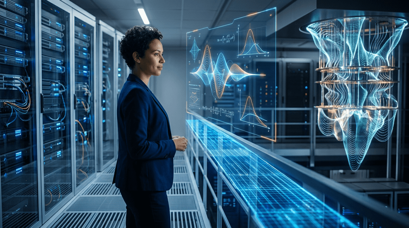 An abstract visualization of a bridge connecting a metallic, grid-like server room representing toda