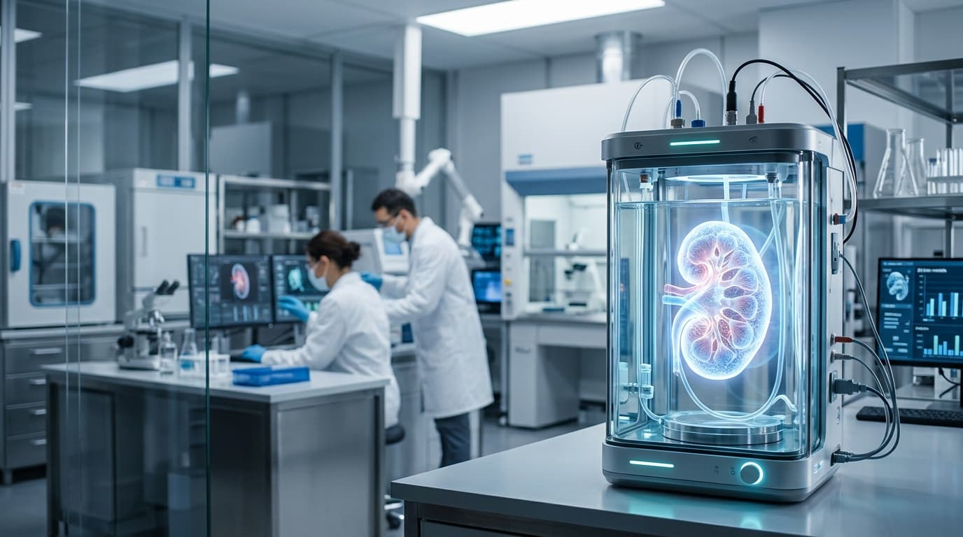 A clinical, high-tech laboratory setting with a glowing, abstract biological organ container in the