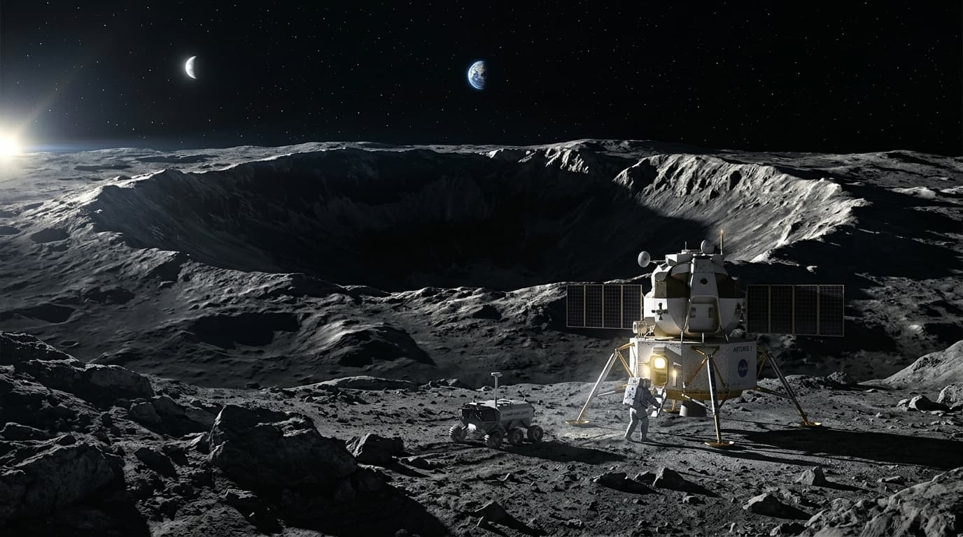A cinematic depiction of the Moon's South Pole featuring the rugged, shadowed terrain of Shackleton