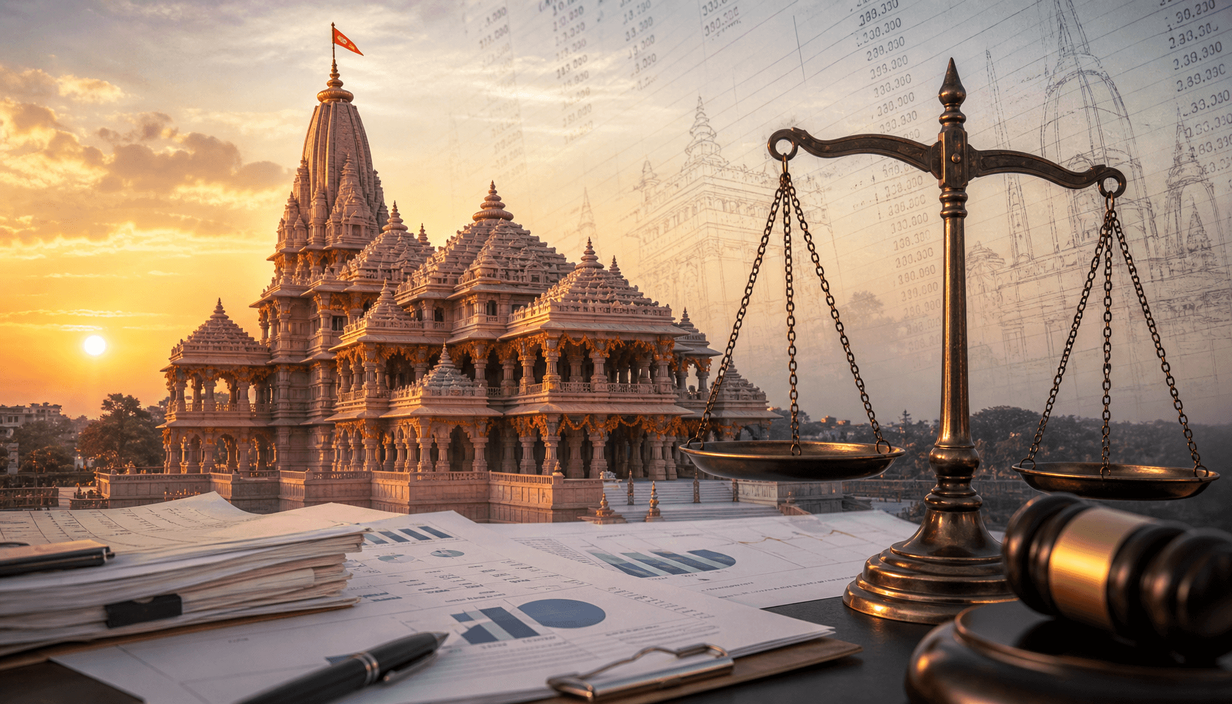 A view of the Ram Temple in Ayodhya, with overlaying graphical representations of financial document