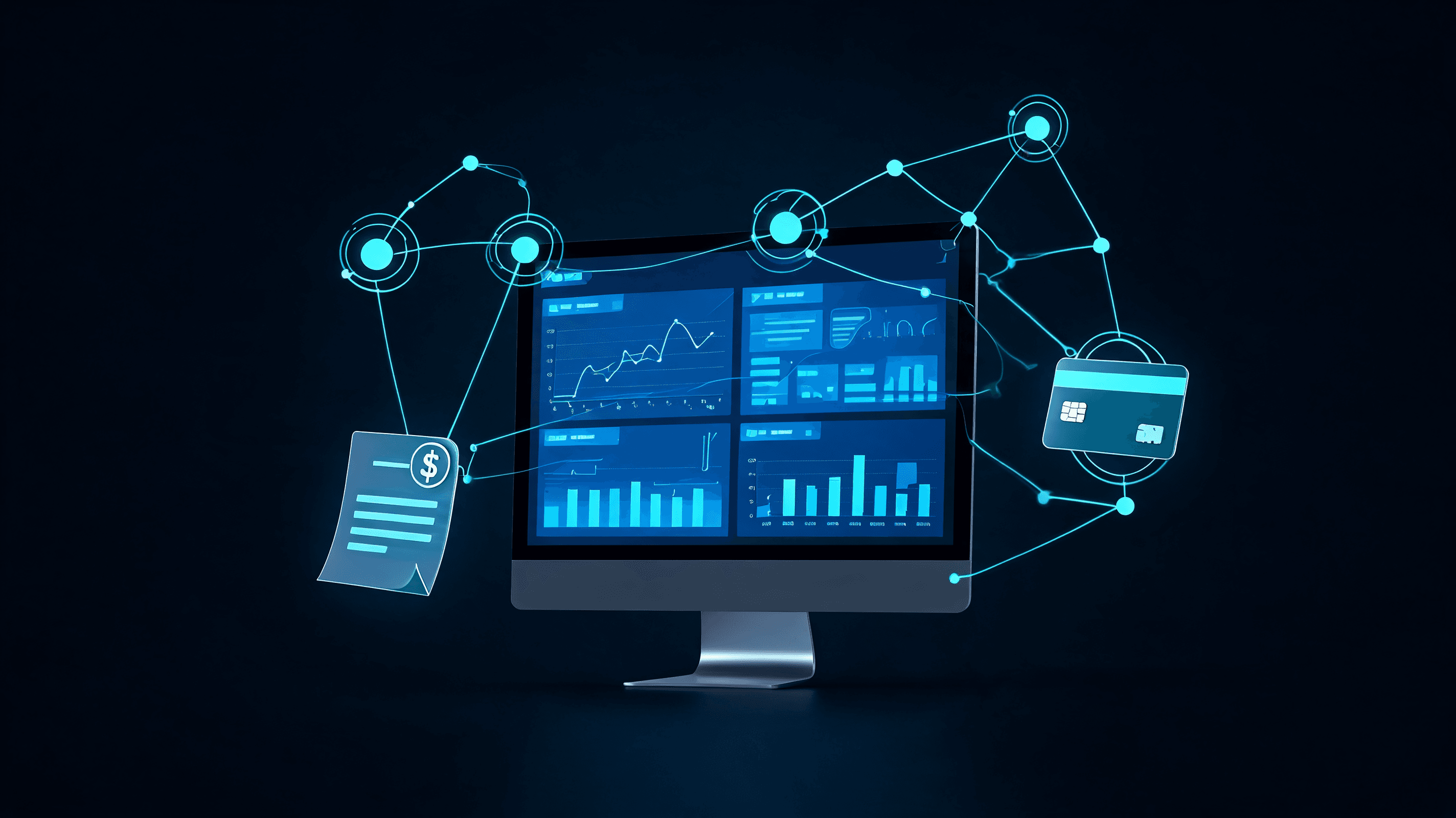 A digital financial dashboard interface glowing on a dark background, abstract AI neural network nod