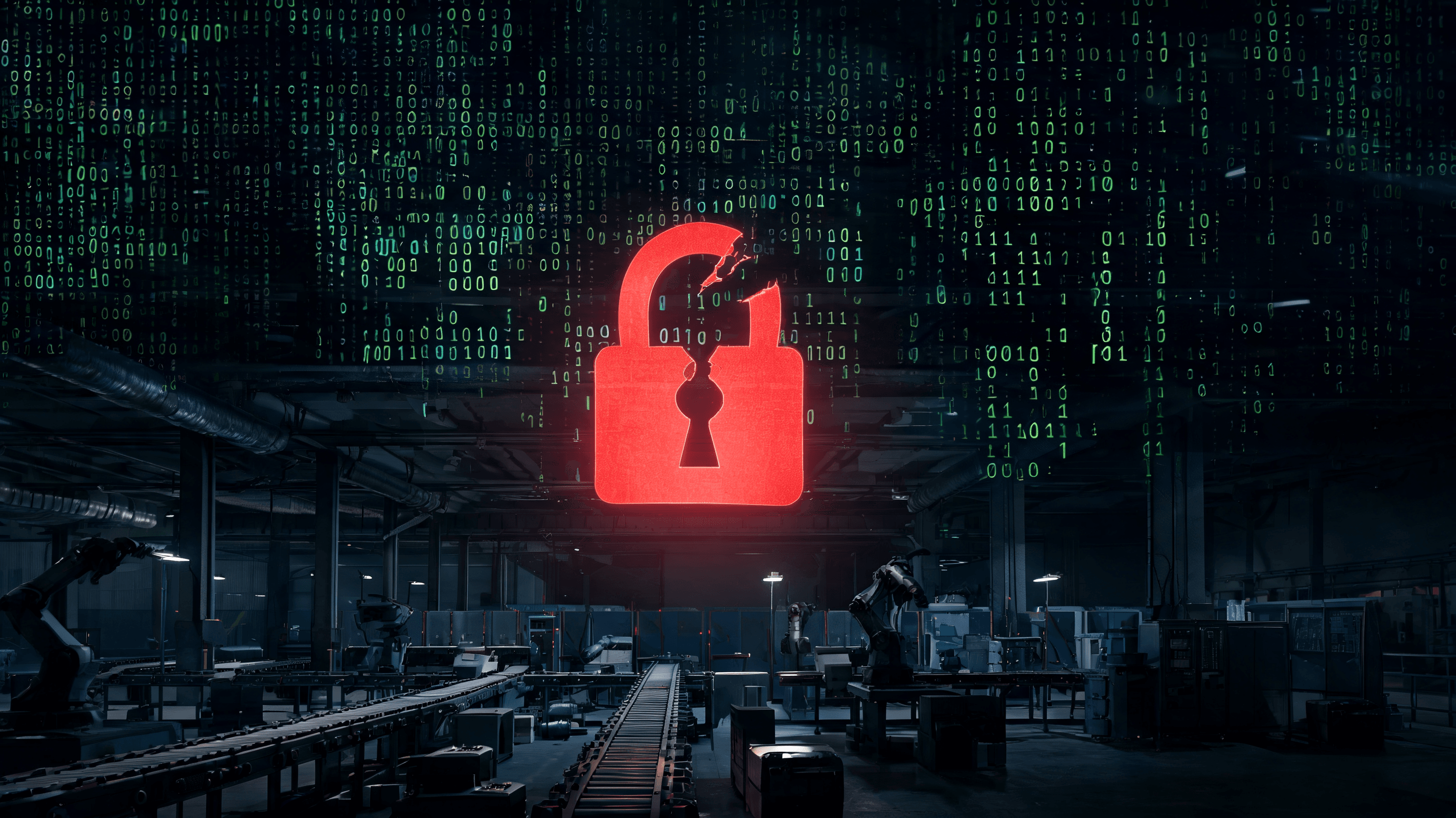 A dark digital interface displaying binary code and a large, glowing red padlock icon, symbolizing a