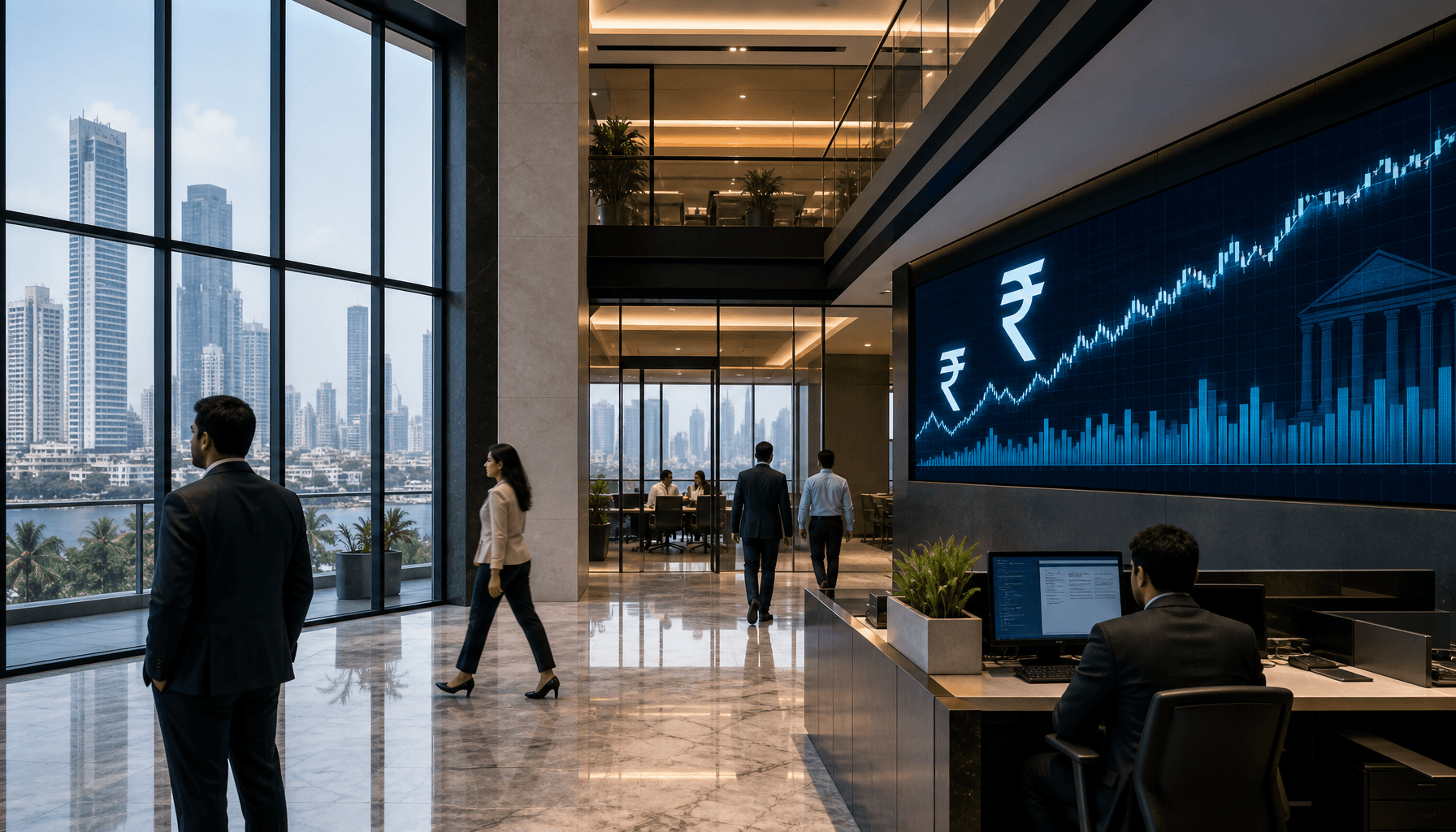 A modern, professional office building interior in Mumbai with a digital financial ticker display sh