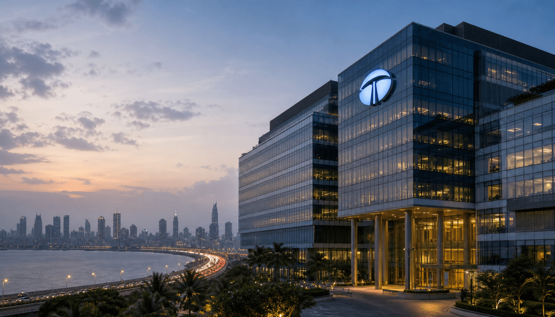 A modern office building in Mumbai with the Tata Group logo visible, symbolizing corporate India's f