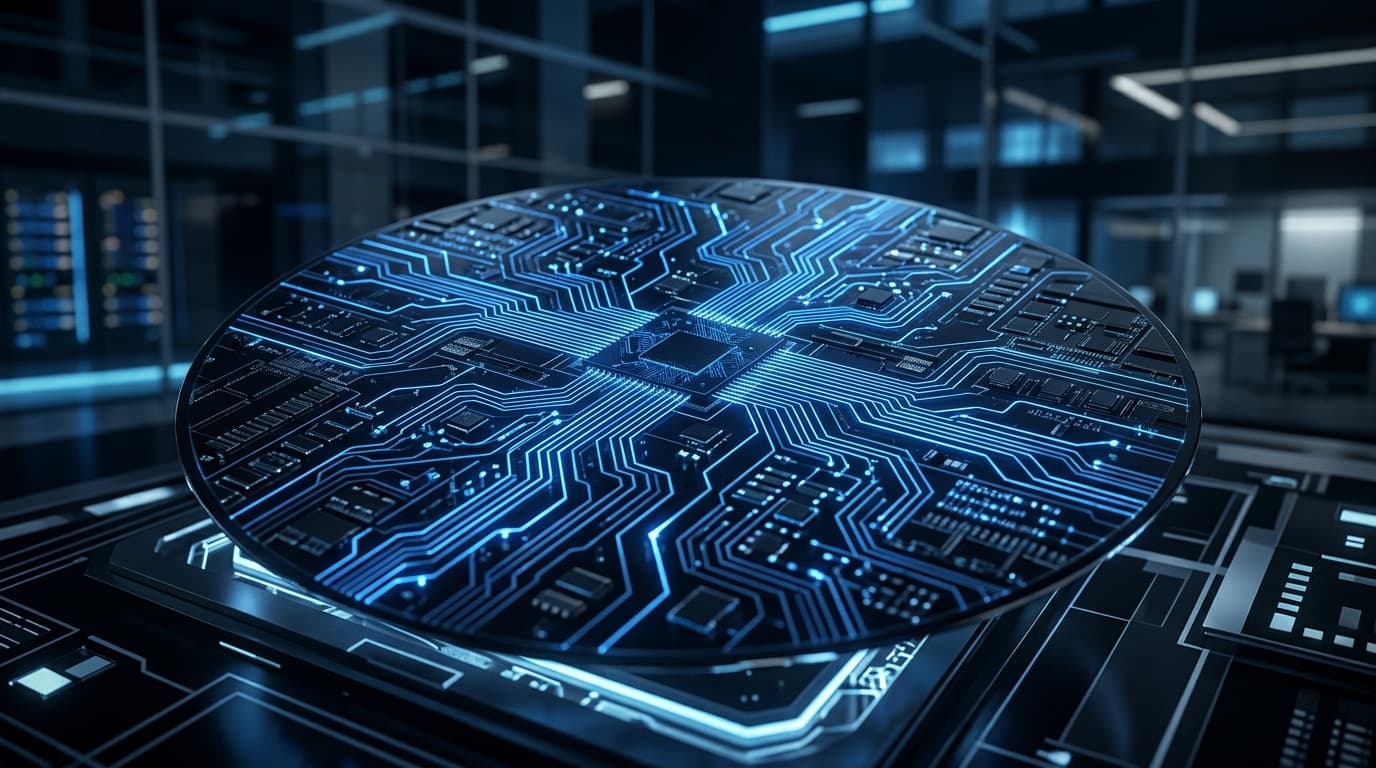 A modern, sleek semiconductor wafer layout with glowing blue circuit lines on a dark background, pro