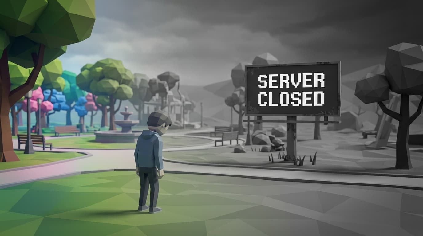 A sad, low-poly 3D rendered avatar standing in an empty virtual park, with a 'Server Closed' sign in