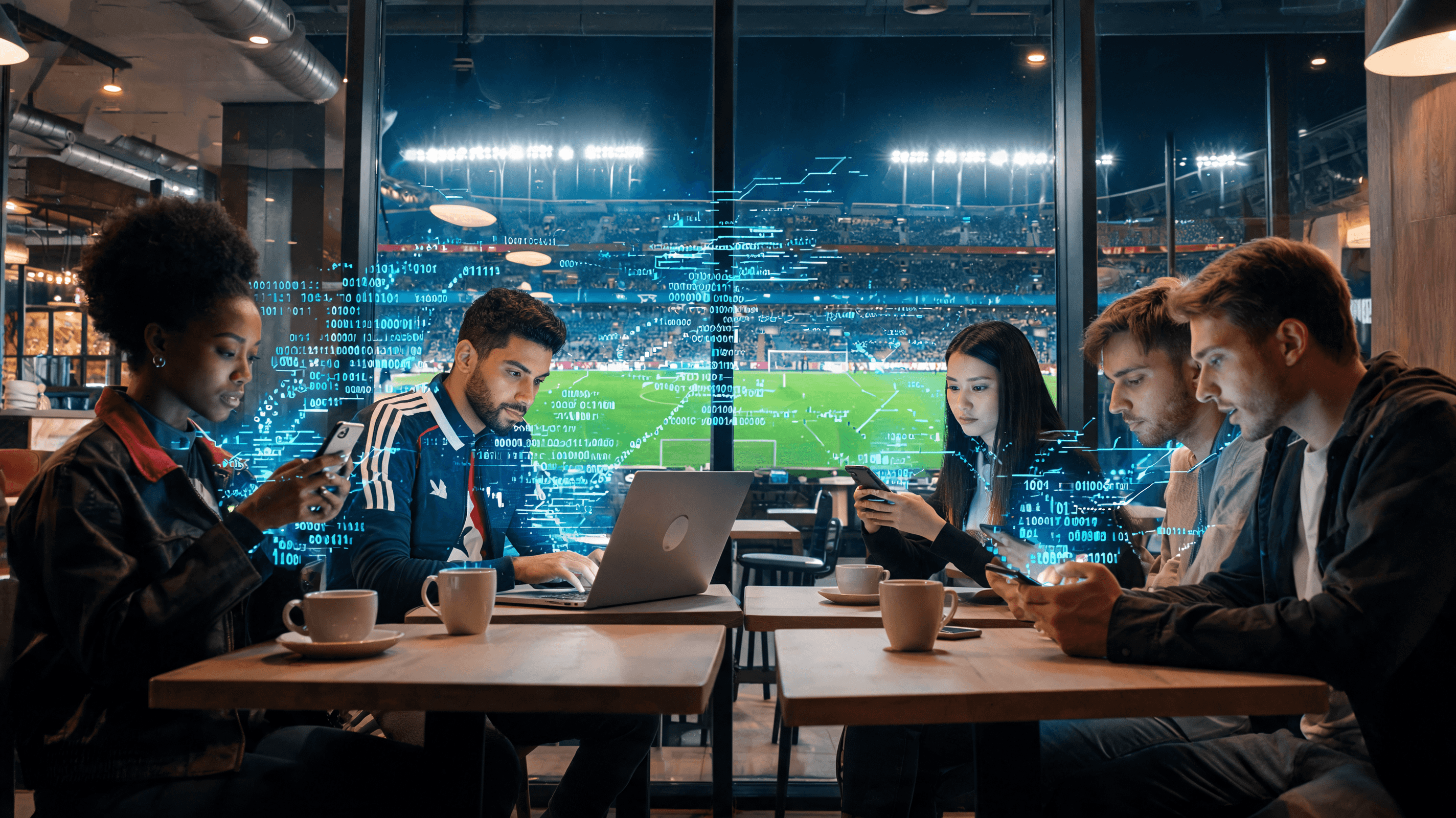 A modern, vibrant digital artwork showing a group of diverse soccer fans using smartphones and lapto