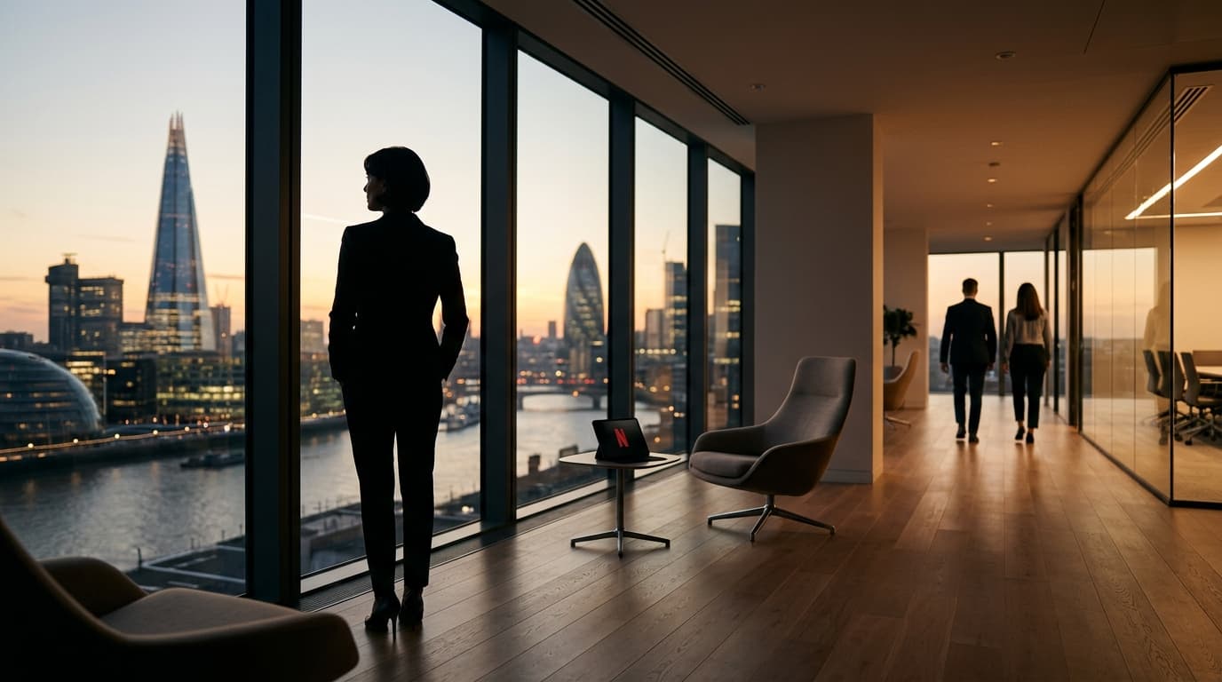 A modern, minimalist office scene with a cinematic Netflix brand aesthetic, soft warm lighting, a si