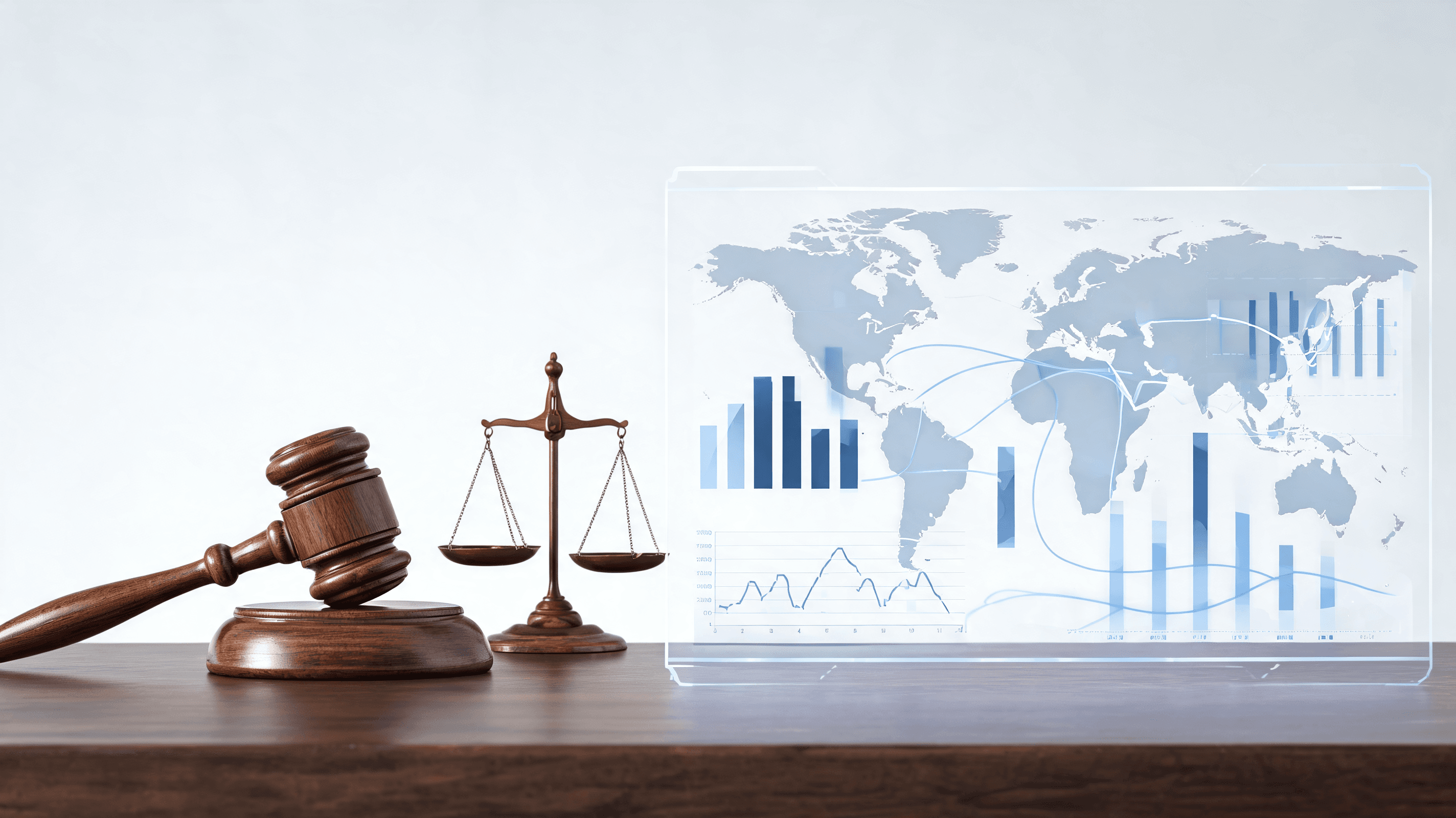 Abstract legal concept with a balance scale, gavels, and digital charts of global trade, neutral and