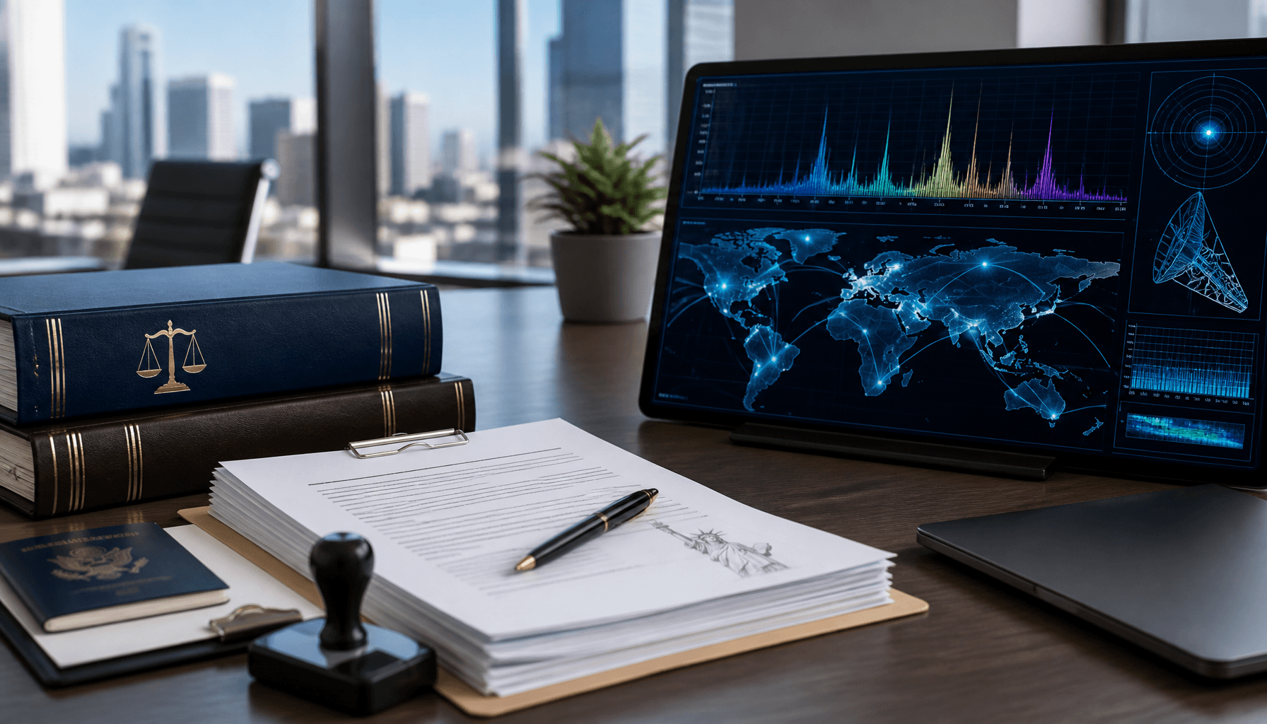 A modern office setting showing legal documents related to immigration policy next to a digital scre