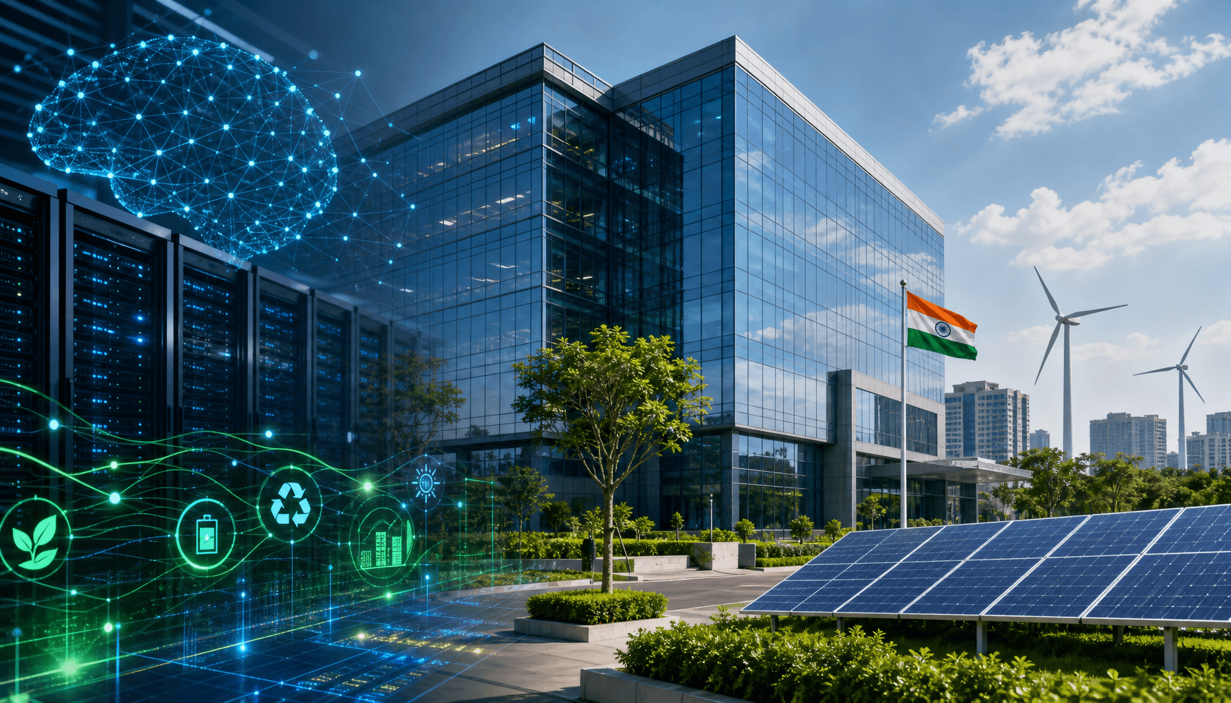 A modern, high-tech corporate office building in India with digital overlays of data center servers