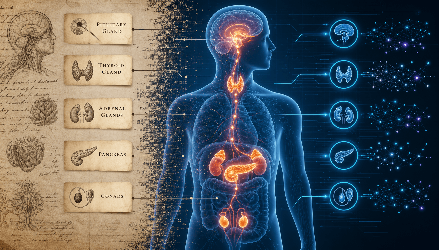 A modern medical illustration showing a stylized human silhouette with highlighted endocrine and met