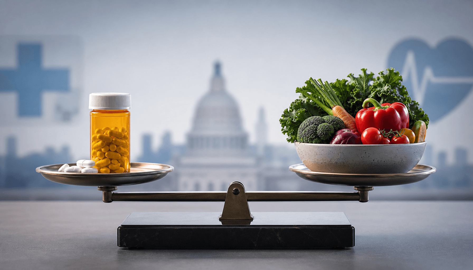 A conceptual photograph of a medical scale balancing a bottle of prescription pills on one side and