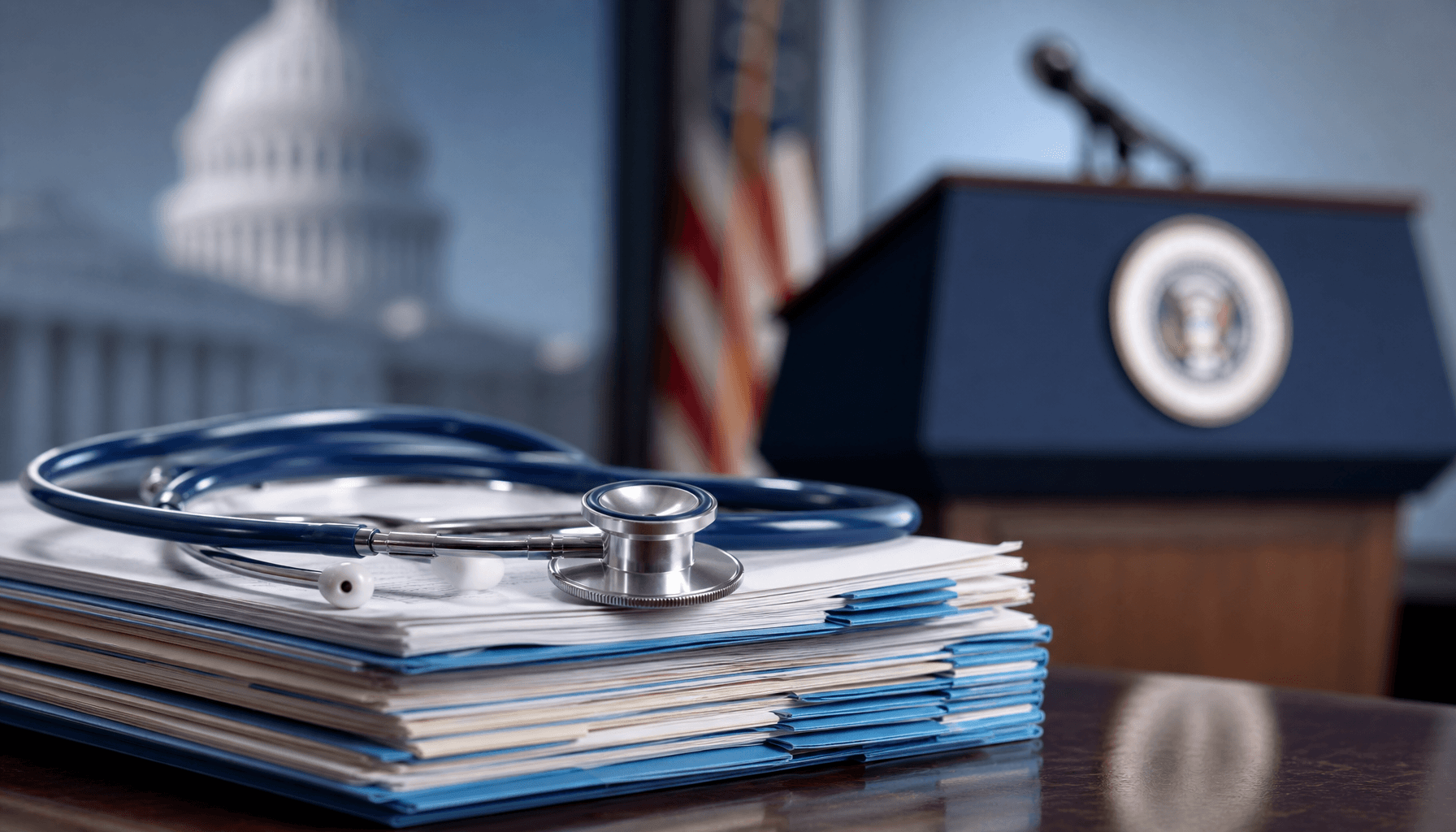 A conceptual image of a stethoscope resting on a stack of medical records with a blurred political p