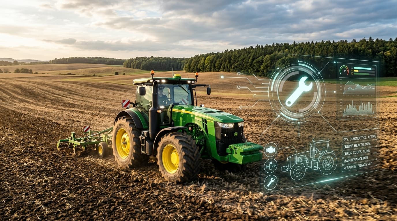 A modern John Deere tractor in a field with a wrench and digital repair interface graphic overlay, i