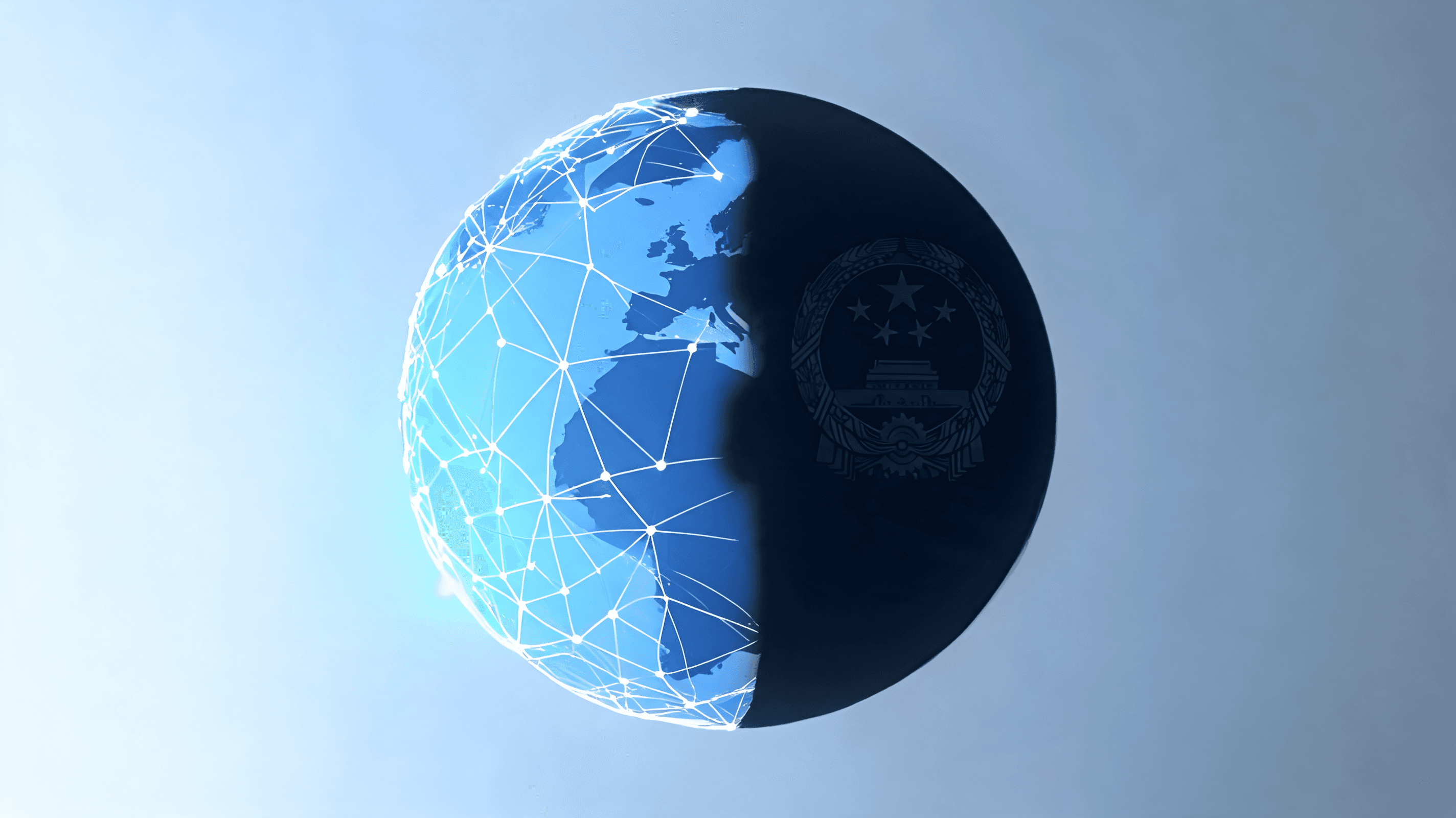 A conceptual image of a digital conference globe being obscured by a dark political shadow, symboliz