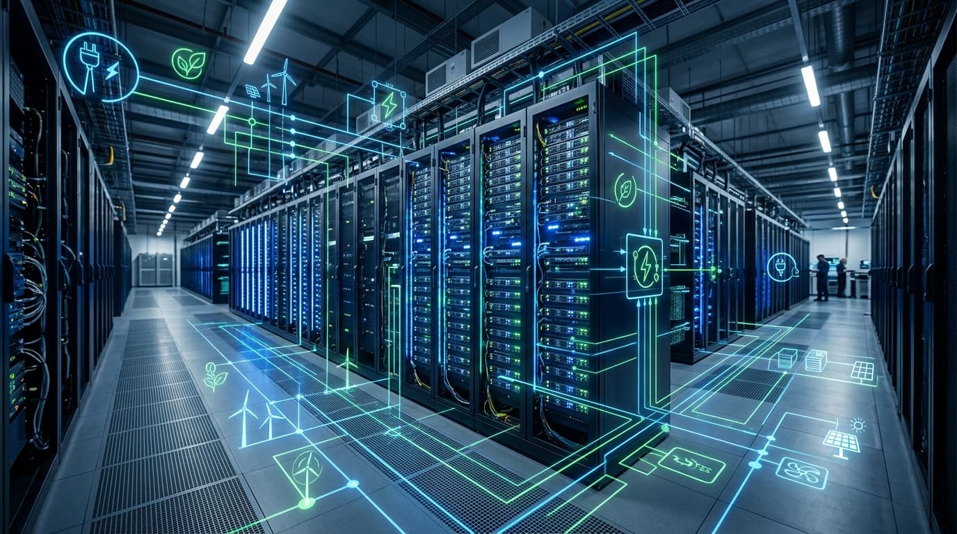 A modern, hyper-realistic view of a large-scale data center facility with glowing server racks, over