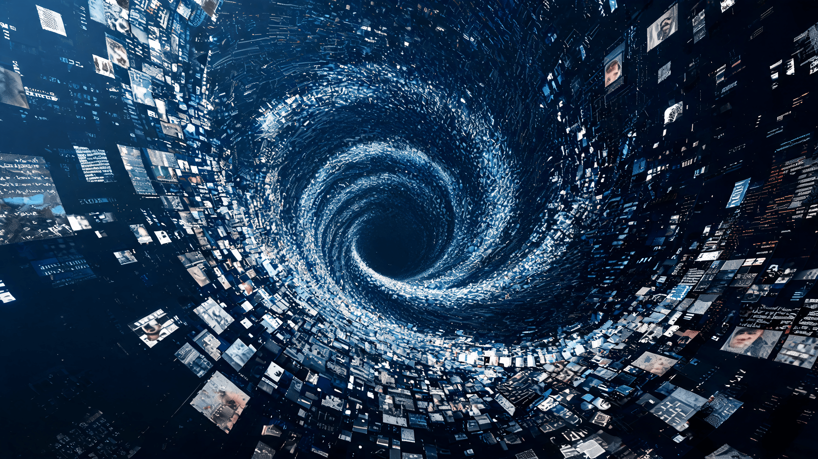 A chaotic digital landscape showing millions of low-quality, flickering text fragments and distorted