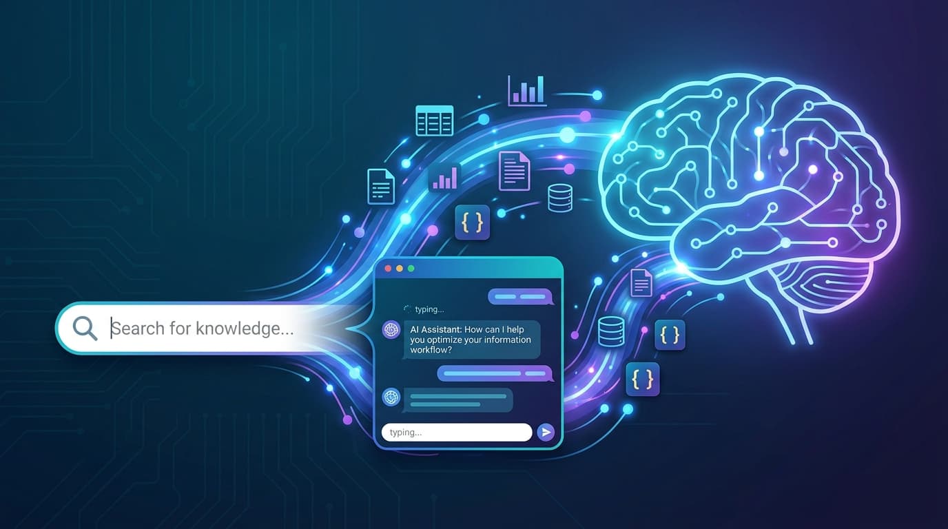 A digital graphic depicting a search bar morphing into a conversational AI chat interface, surrounde