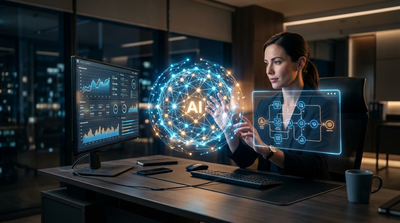 A futuristic, professional workstation with multiple holographic display interfaces, showing data gr