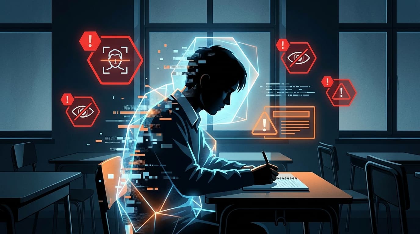 A silhouette of a student in a classroom, isolated, with holographic digital distortion and deepfake