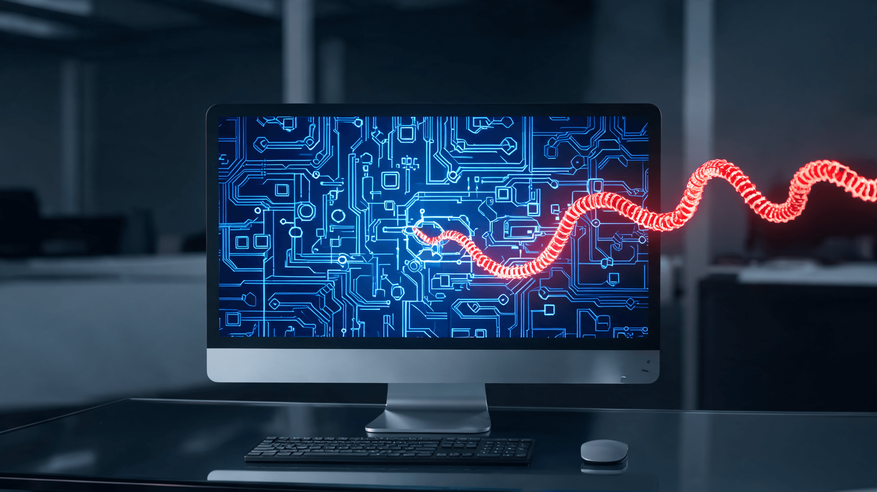 Digital cybersecurity concept, a glowing worm-like code thread infiltrating a developer's workstatio