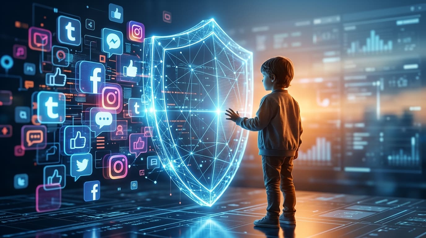 Digital representation of a protective barrier between children and social media symbols, abstract t