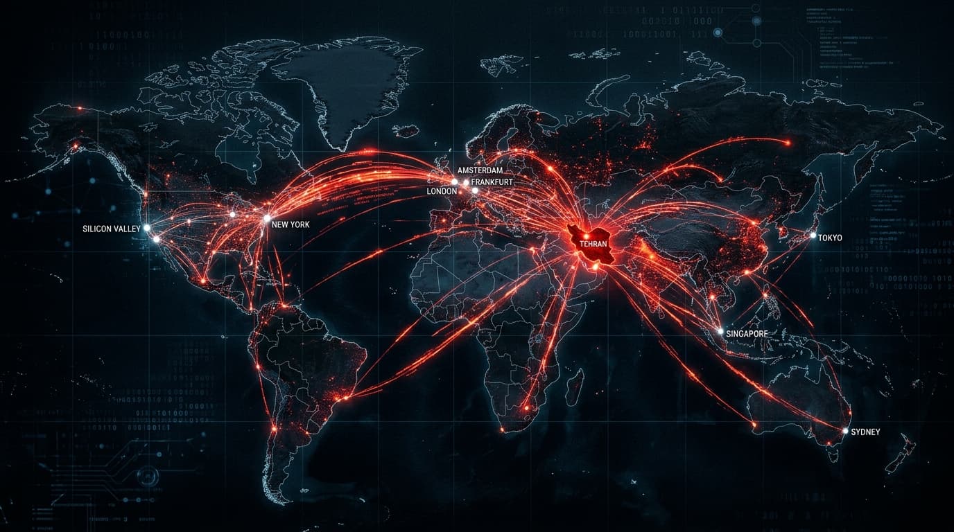 A digital map of the world showing glowing red data connections originating from Iran spreading acro