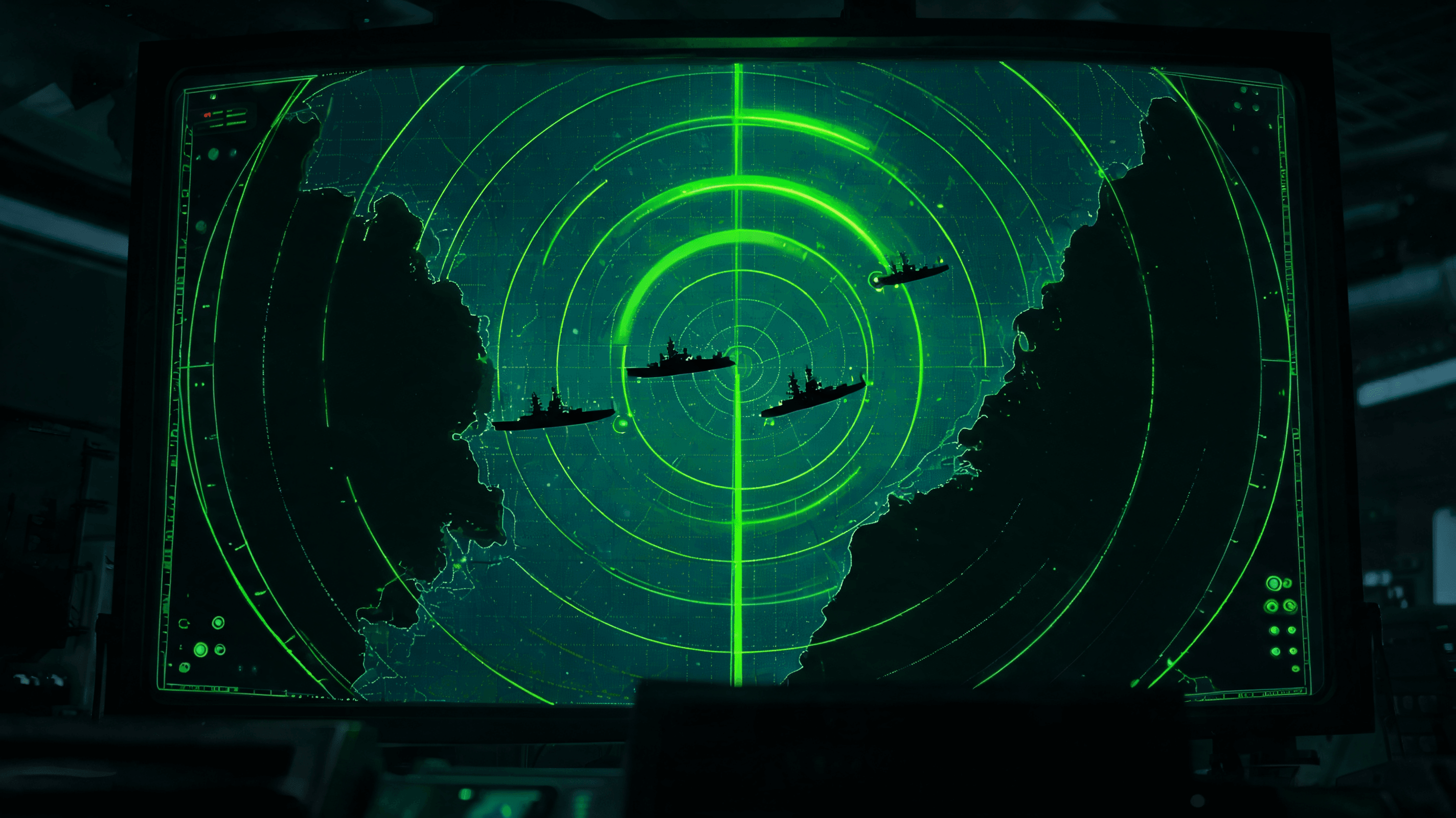 A dark, dramatic radar monitoring screen showing strategic positions near the Strait of Hormuz, with