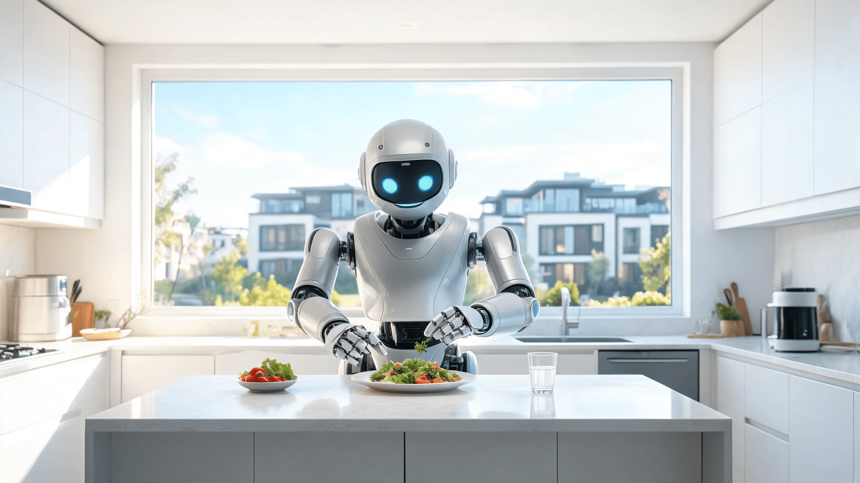 A friendly, metallic service robot preparing a meal in a bright, clean kitchen, with a modern urban