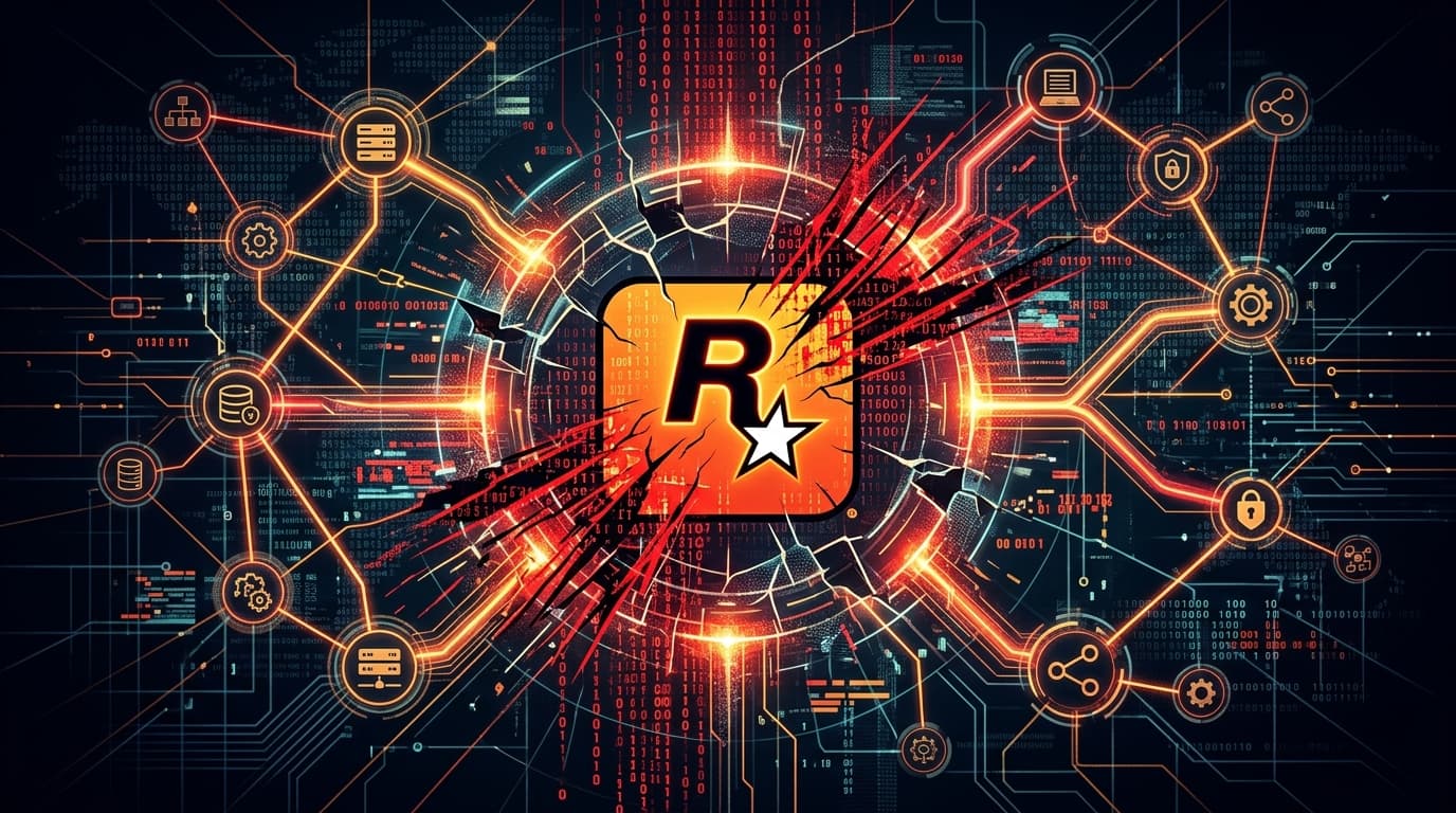 A digital-themed illustration showing a glowing Rockstar Games logo in the center, partially obscure