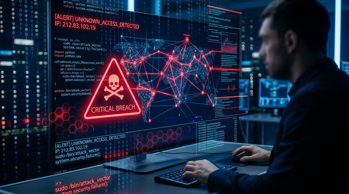 A dark digital interface showing cyber security alert symbols, fragments of code, interconnected net