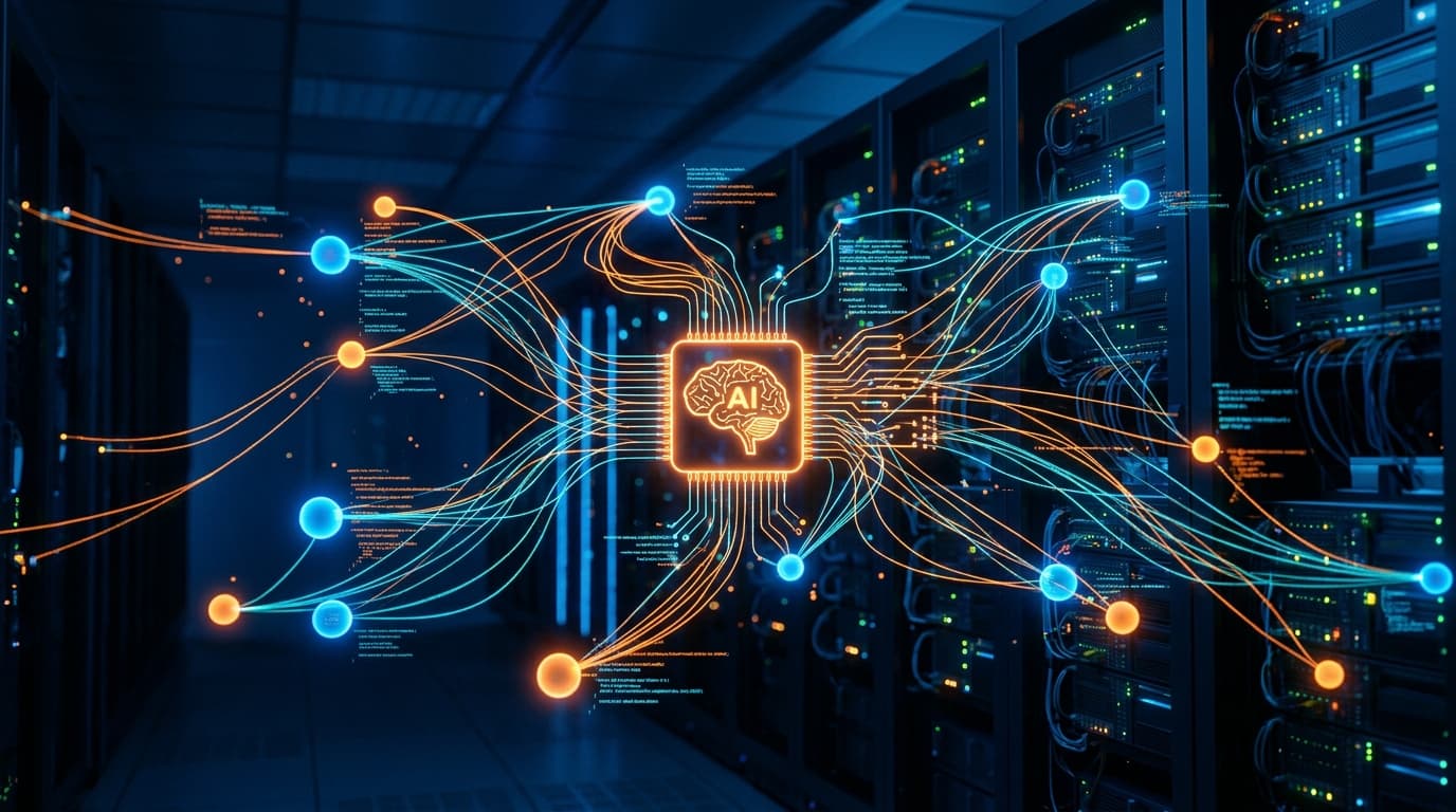 A futuristic cybersecurity abstract visualization, glowing lines connecting digital nodes, one node