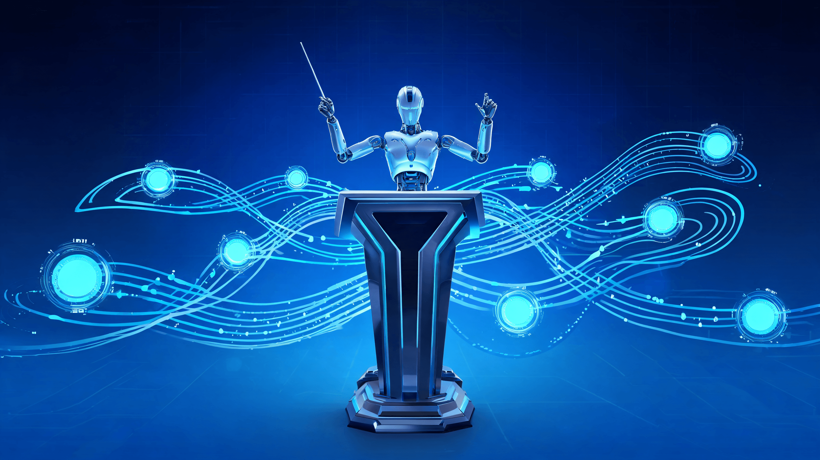 A digital illustration of an AI 'conductor' at a podium with multiple data streams flowing like musi