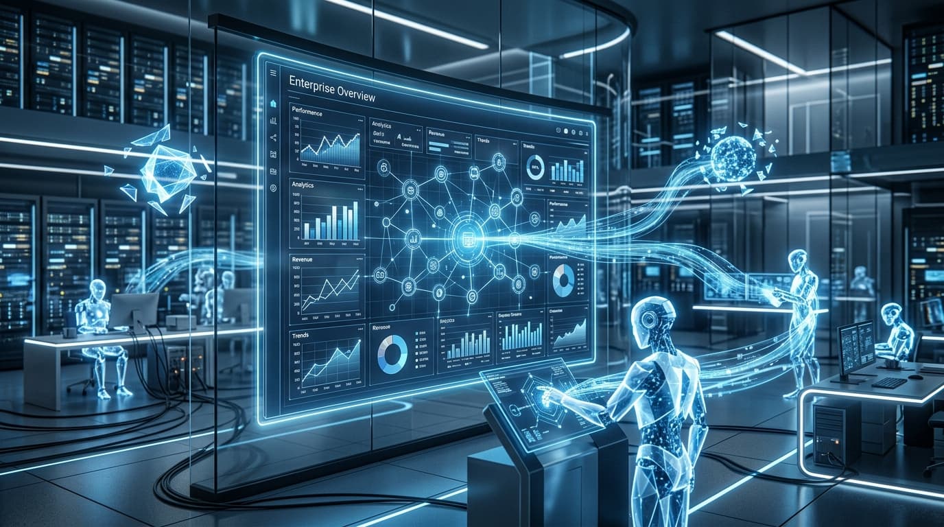 Abstract digital representation of an enterprise dashboard being accessed by multiple autonomous AI