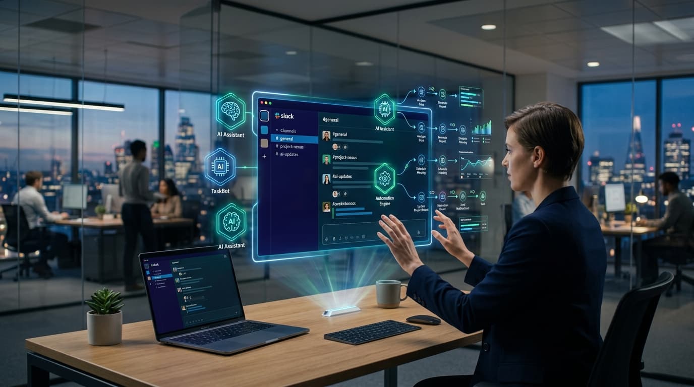 A modern, sleek office workspace with a glowing holographic Slack interface floating above a desk, s