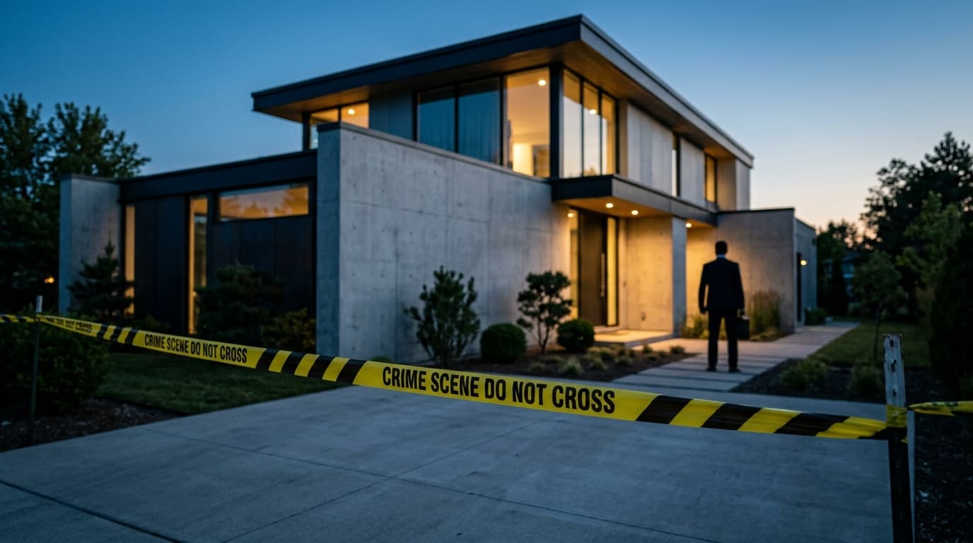 A modern, minimalist house exterior at dusk, security barrier tape in the foreground, blurred silhou