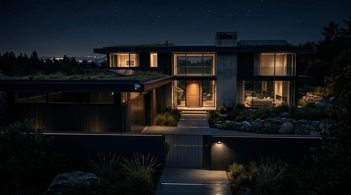 A modern, high-tech home exterior at night with subtle hints of caution, cinematic lighting, dramati