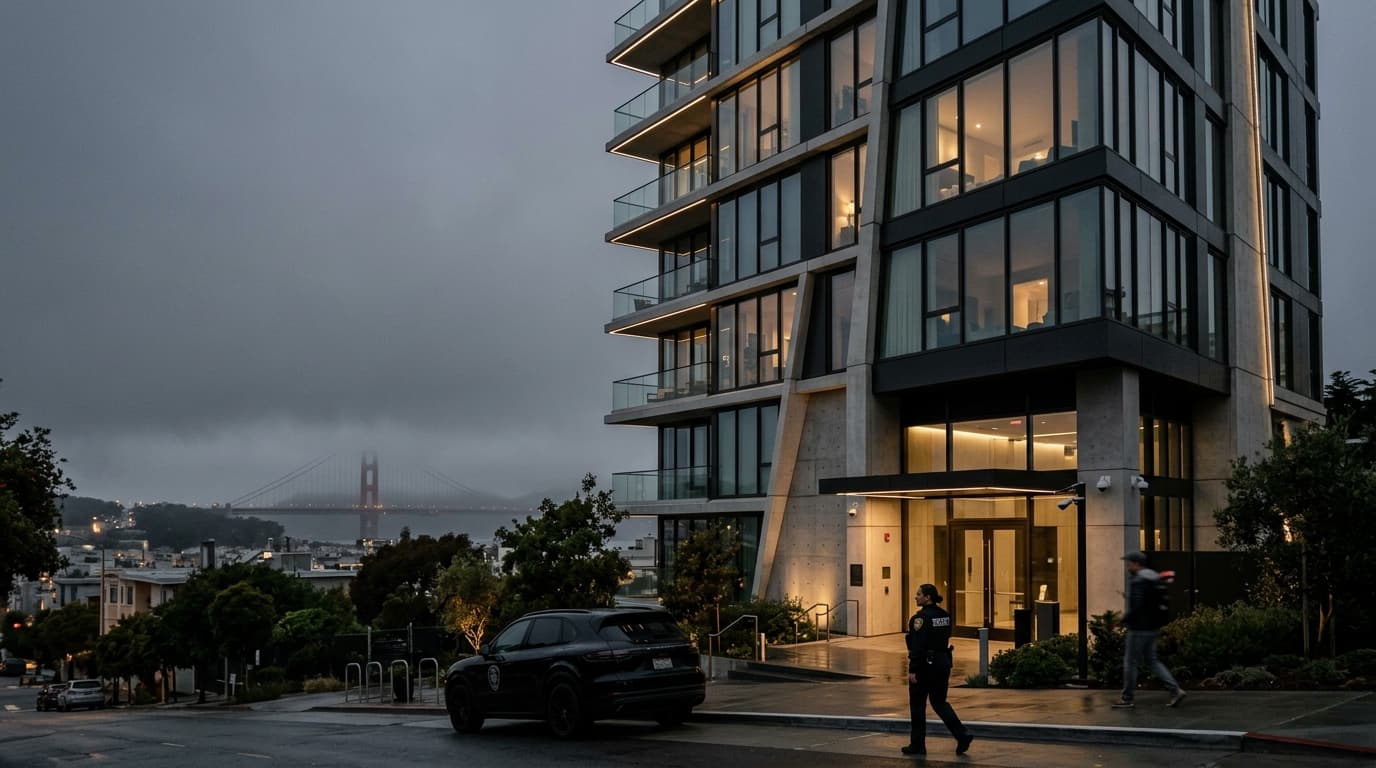 A modern, high-tech residential building in a foggy San Francisco setting, with discreet security el
