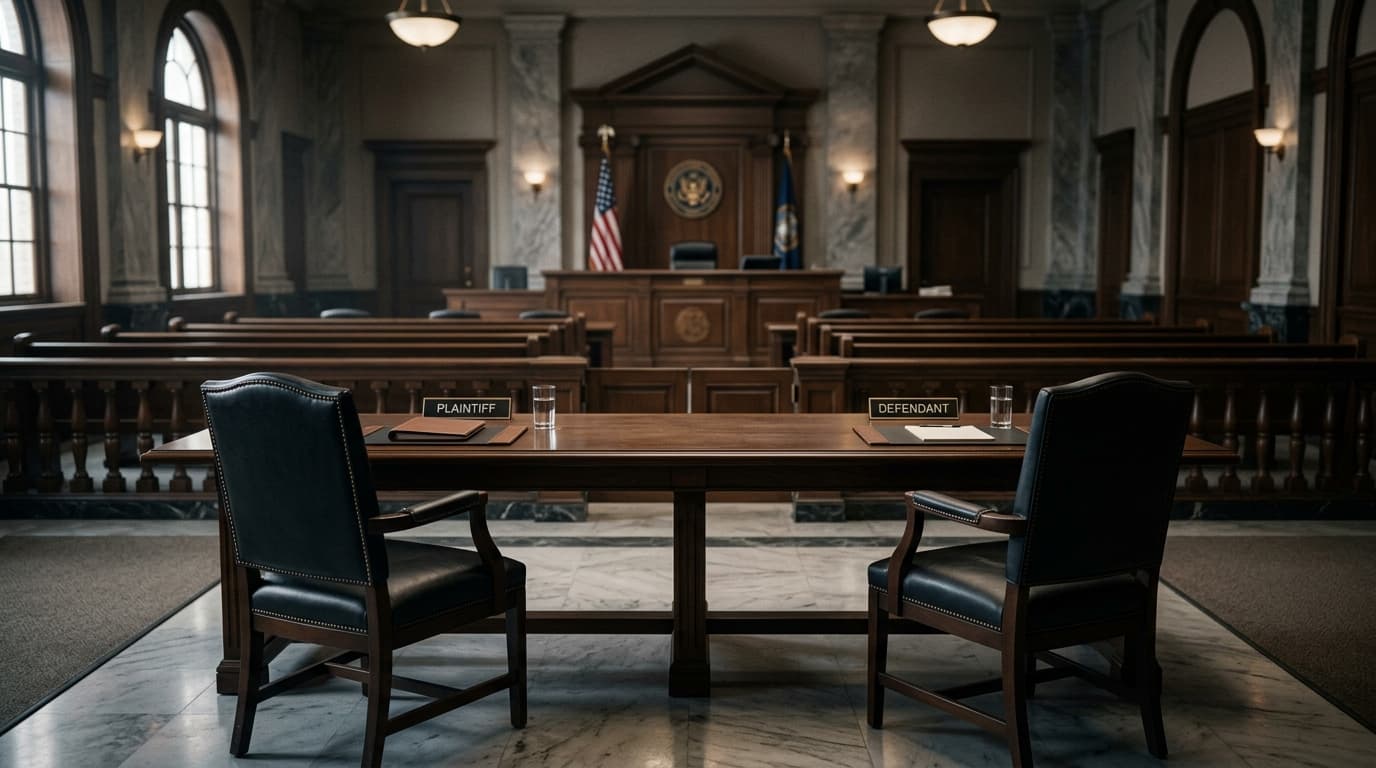 A courtroom scene with two empty chairs facing each other, symbolizing the tension between Sam Altma