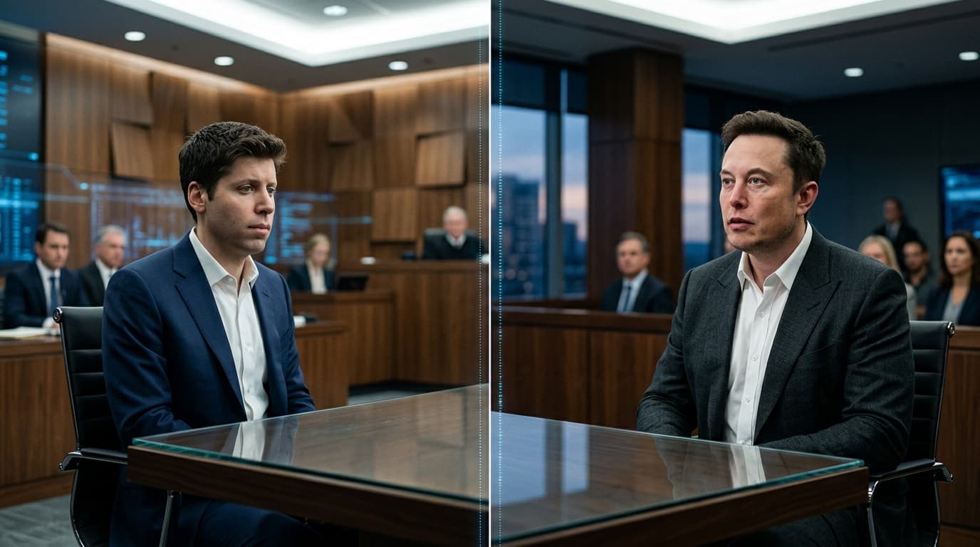A courtroom scene, split screen showing Sam Altman on one side and Elon Musk on the other, professio