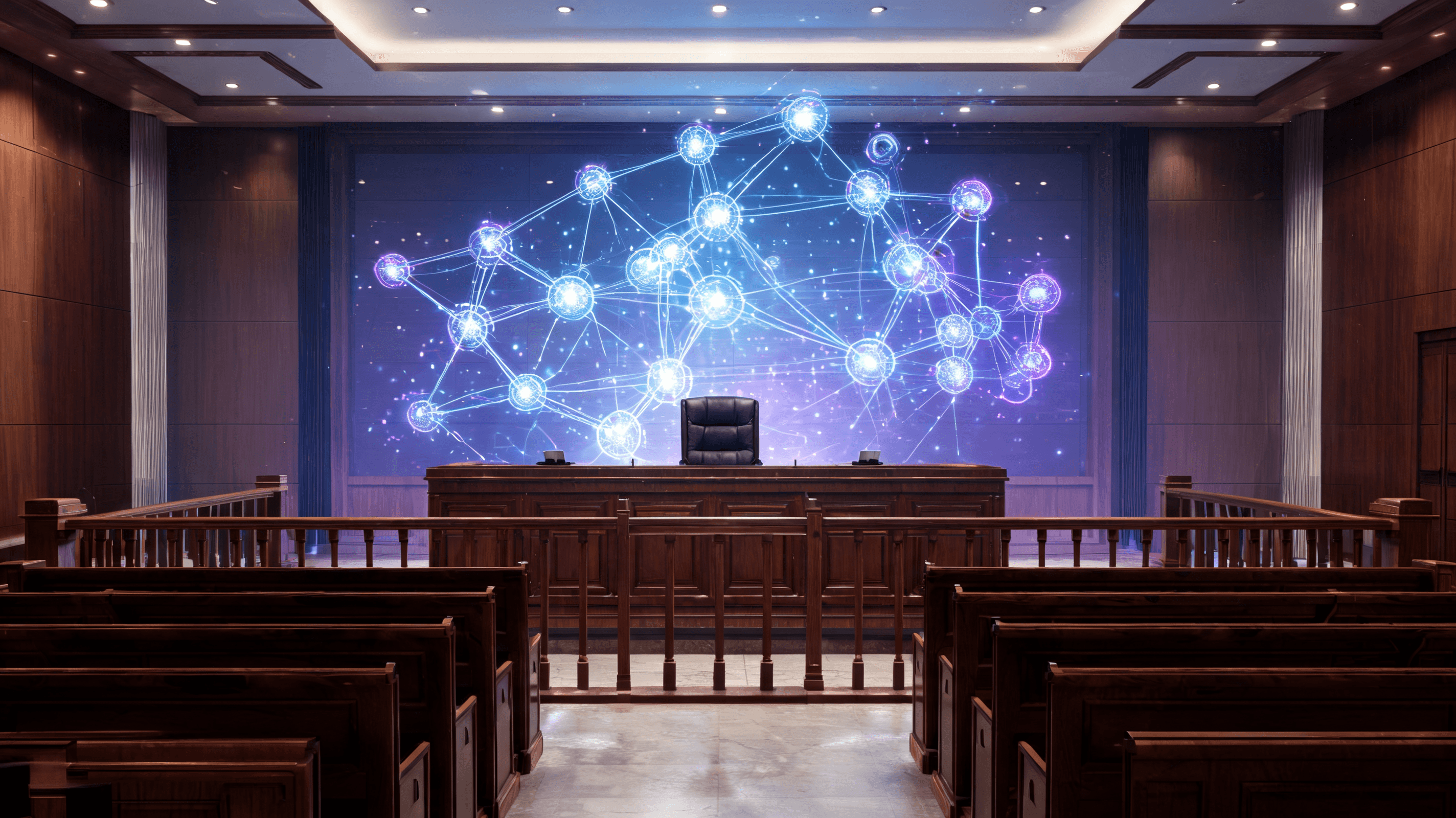 A dramatic courtroom setting with a digital, holographic representation of an AI neural network glow