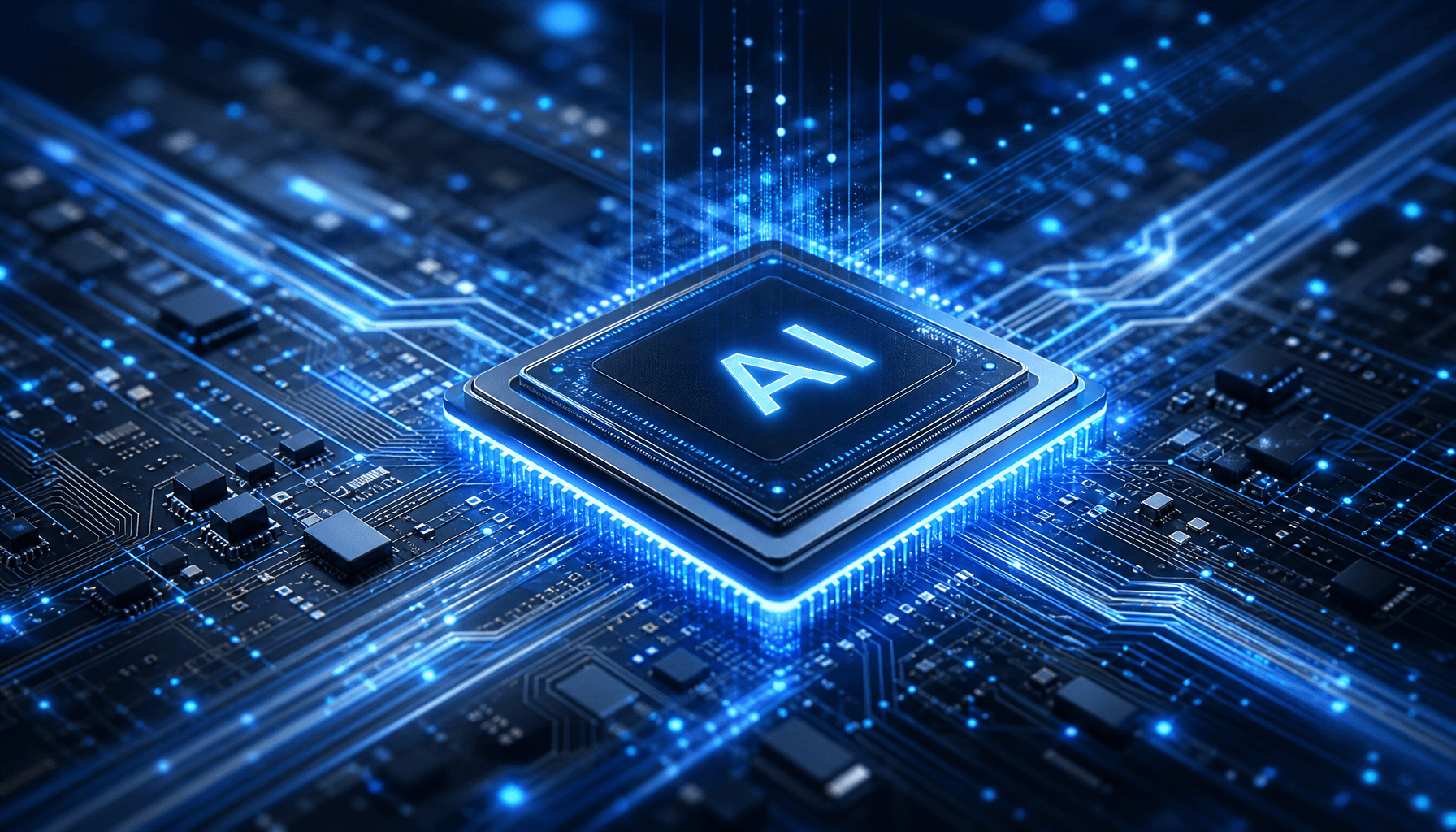 A futuristic, sleek conceptual image of an AI processor chip glowing with blue light, surrounded by