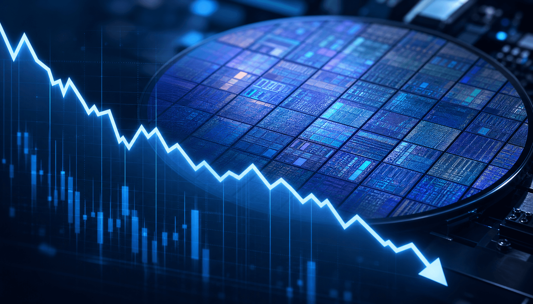 A digital visualization of a semiconductor wafer with glowing blue data circuits, with a downward-tr