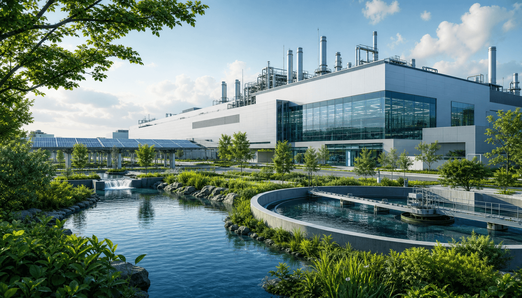 A clean, high-tech semiconductor facility integrated with natural water recycling systems and green